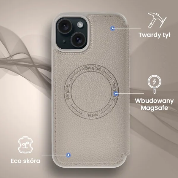 Etui do iPhone 15 z klapką Solid MagSafe Book, typu książka, beżowe (4)