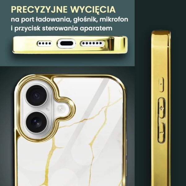 Etui do iPhone 16, Elite Glass z MagSafe, szklany tył, Kintsugi, biała porcelana, złote (2)