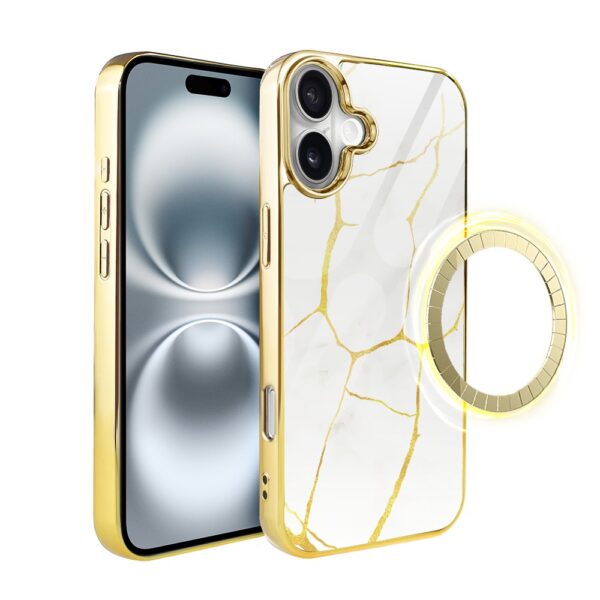 Etui do iPhone 16, Elite Glass z MagSafe, szklany tył, Kintsugi, biała porcelana, złote (5)