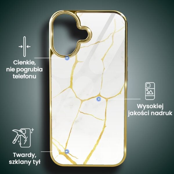 Etui do iPhone 16, Elite Glass z MagSafe, szklany tył, Kintsugi, biała porcelana, złote (6)
