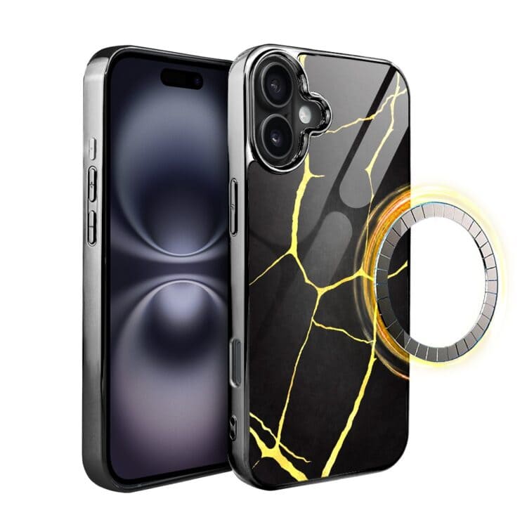 Etui do iPhone 16, Elite Glass z MagSafe, szklany tył, Kintsugi, czarna porcelana, czarne (3)
