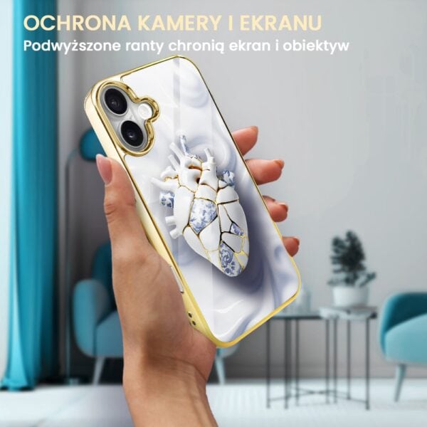 Etui do iPhone 16, Elite Glass z MagSafe, szklany tył, Kintsugi, porcelanowe serce, złote (1)