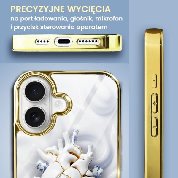 Etui do iPhone 16, Elite Glass z MagSafe, szklany tył, Kintsugi, porcelanowe serce, złote (2)