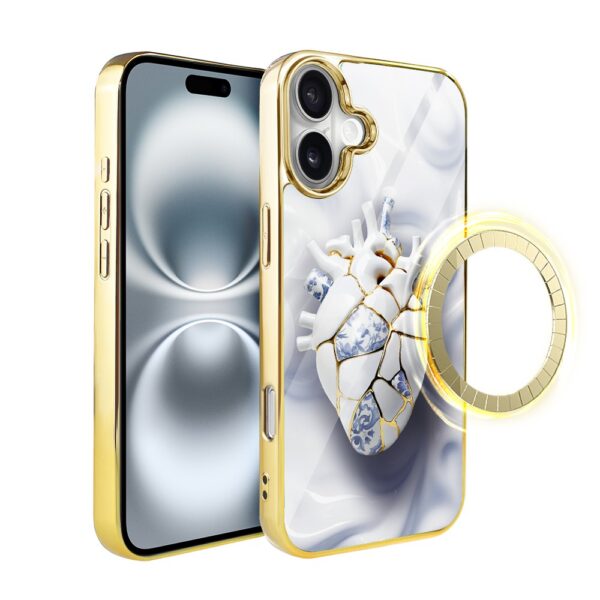 Etui do iPhone 16, Elite Glass z MagSafe, szklany tył, Kintsugi, porcelanowe serce, złote (5)