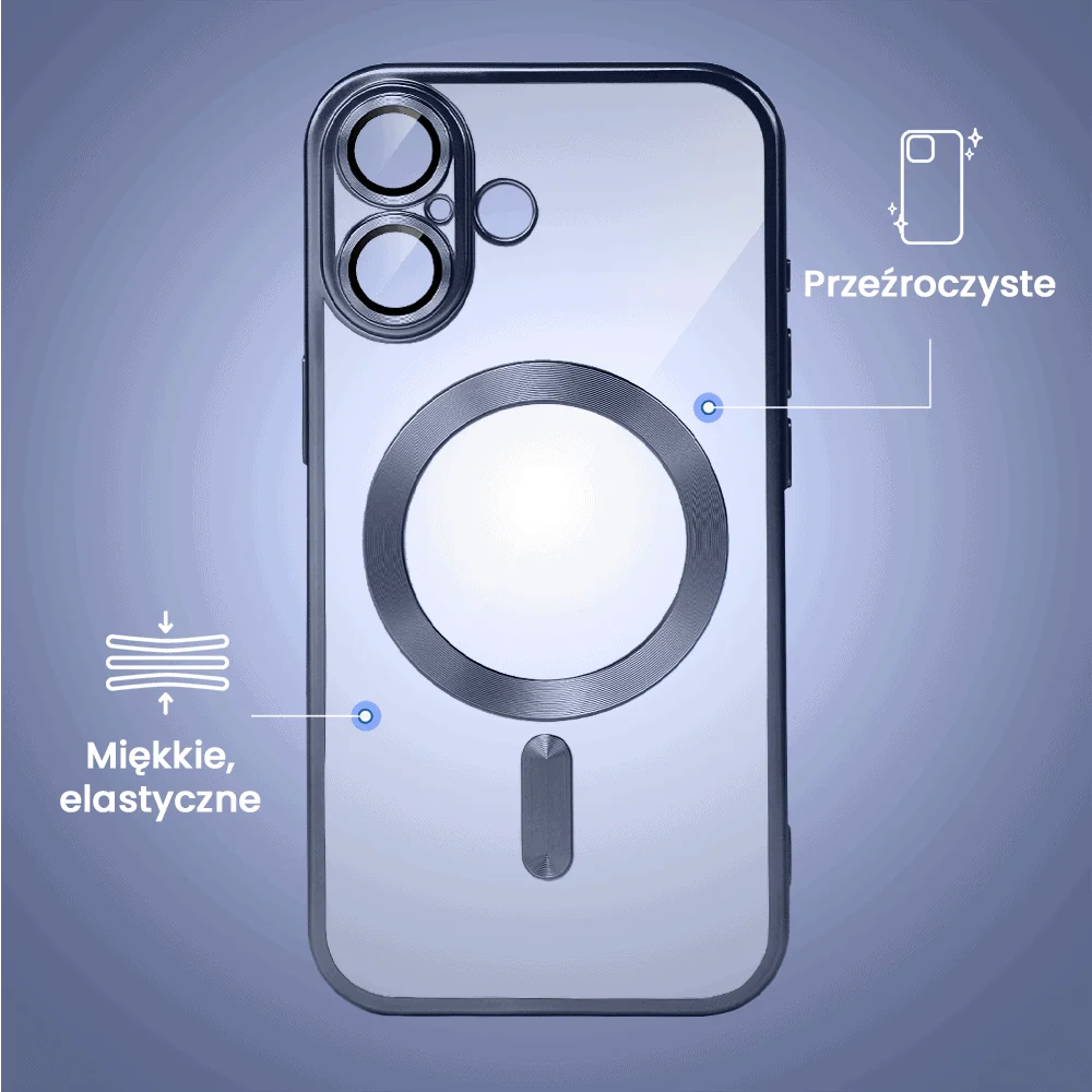 Etui do iPhone 16 MagSafe Luxury Protect przeźroczyste, z osłoną aparatu, Titanium Finish, granatowe (1)