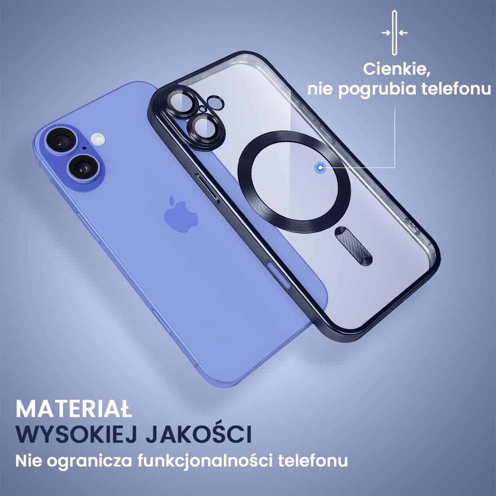 Etui do iPhone 16 MagSafe Luxury Protect przeźroczyste, z osłoną aparatu, Titanium Finish, granatowe (3)
