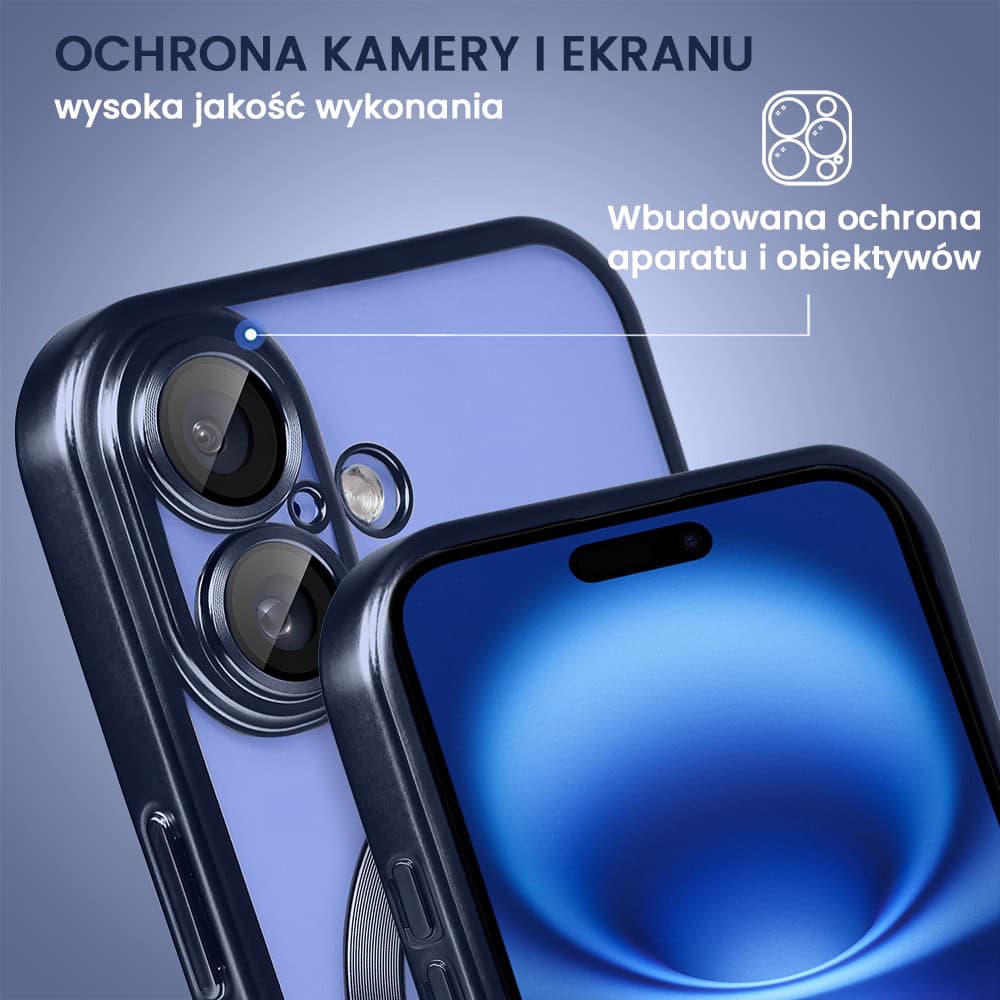 Etui do iPhone 16 MagSafe Luxury Protect przeźroczyste, z osłoną aparatu, Titanium Finish, granatowe (4)