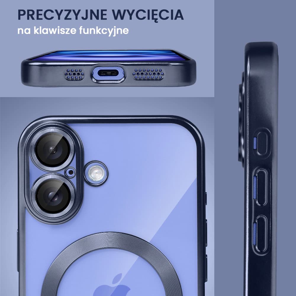 Etui do iPhone 16 MagSafe Luxury Protect przeźroczyste, z osłoną aparatu, Titanium Finish, granatowe (5)