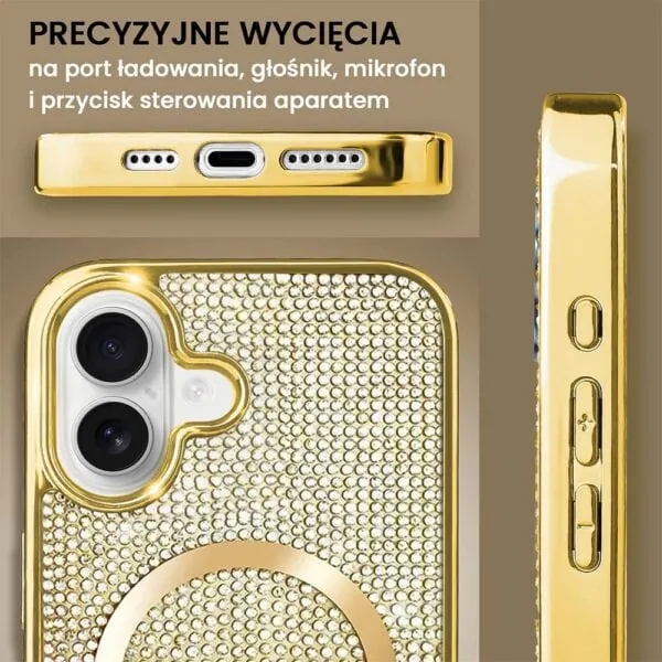 Etui do iPhone 16 Magsafe Tresury Case, diamentowe, z błyszczącą ramką, złote (3)