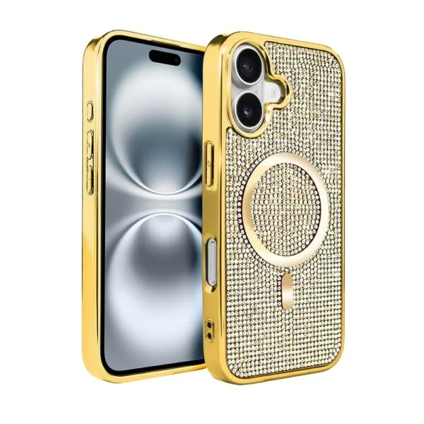 Etui do iPhone 16 Magsafe Tresury Case, diamentowe, z błyszczącą ramką, złote (5)