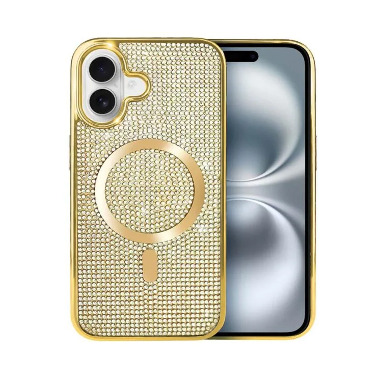 Etui do iPhone 16 Magsafe Tresury Case, diamentowe, z błyszczącą ramką, złote (6)