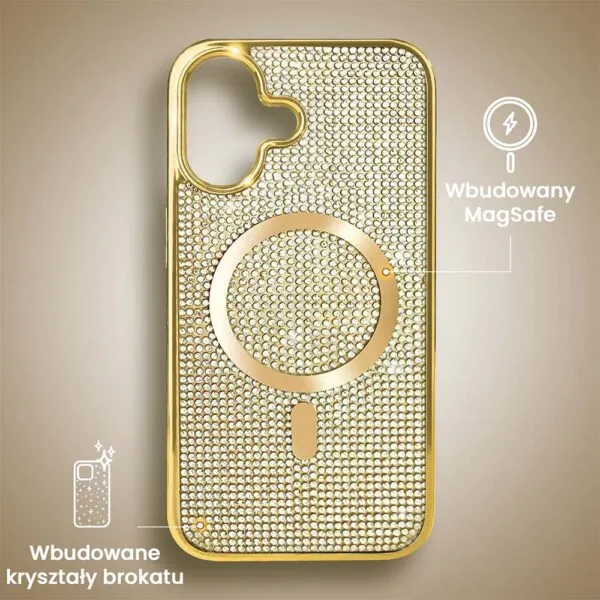 Etui do iPhone 16 Magsafe Tresury Case, diamentowe, z błyszczącą ramką, złote (7)