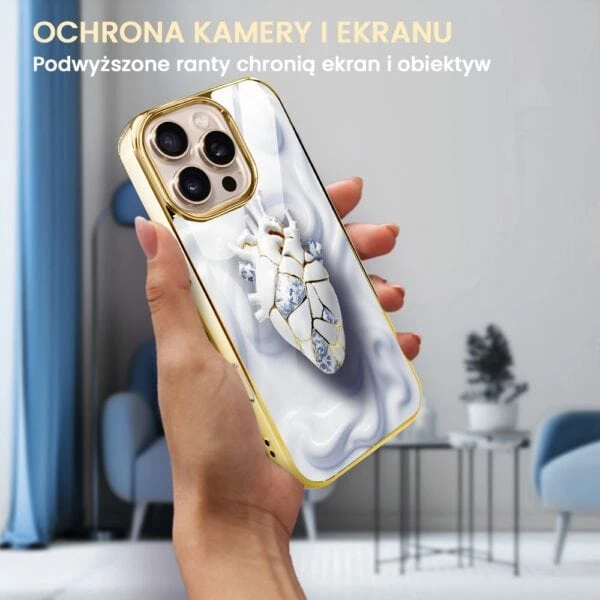 Etui do iPhone 16 Pro, Elite Glass z MagSafe, szklany tył, Kintsugi Art, porcelanowe serce, złote (2)
