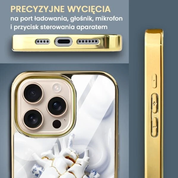 Etui do iPhone 16 Pro, Elite Glass z MagSafe, szklany tył, Kintsugi Art, porcelanowe serce, złote (3)