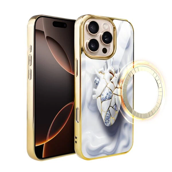 Etui do iPhone 16 Pro, Elite Glass z MagSafe, szklany tył, Kintsugi Art, porcelanowe serce, złote (7)