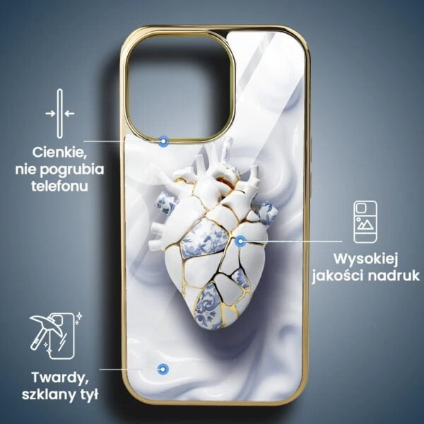 Etui do iPhone 16 Pro, Elite Glass z MagSafe, szklany tył, Kintsugi Art, porcelanowe serce, złote (8)