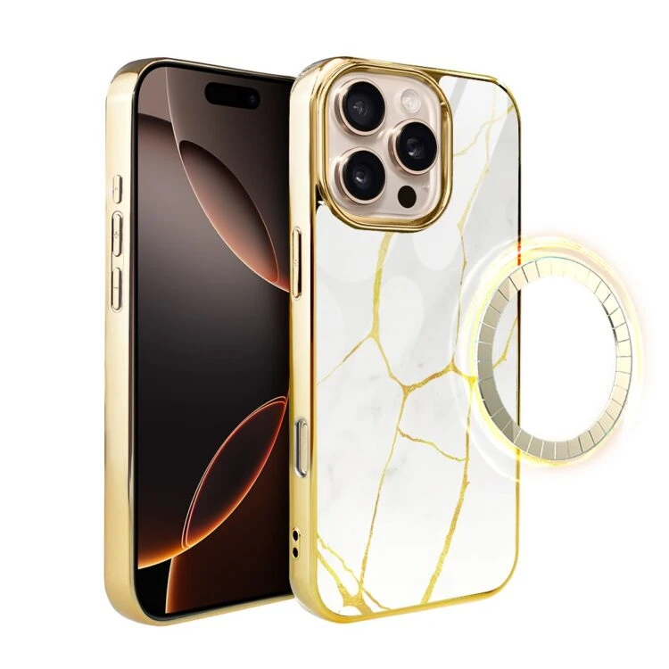 Etui do iPhone 16 Pro, Elite Glass z MagSafe, szklany tył, Kintsugi, biała porcelana, złote (7)