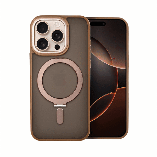 Etui do iPhone 16 Pro Metal Cam MagSafe Stand z podstawką, twarde, półprzeźroczyste, brązowe