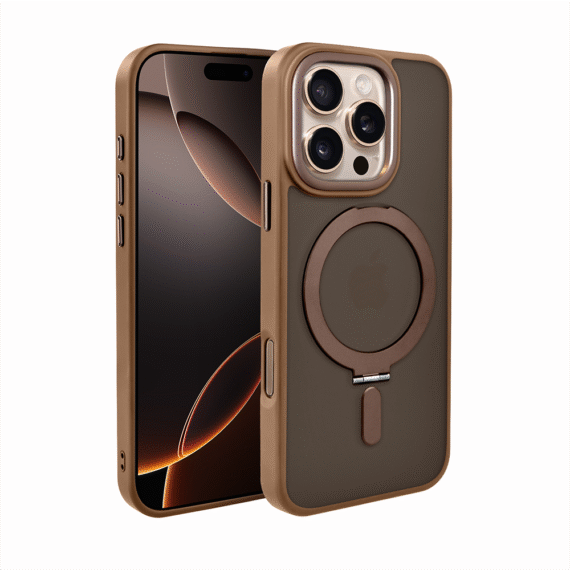 Etui do iPhone 16 Pro Metal Cam MagSafe Stand z podstawką, twarde, półprzeźroczyste, pustynny brąz pop9