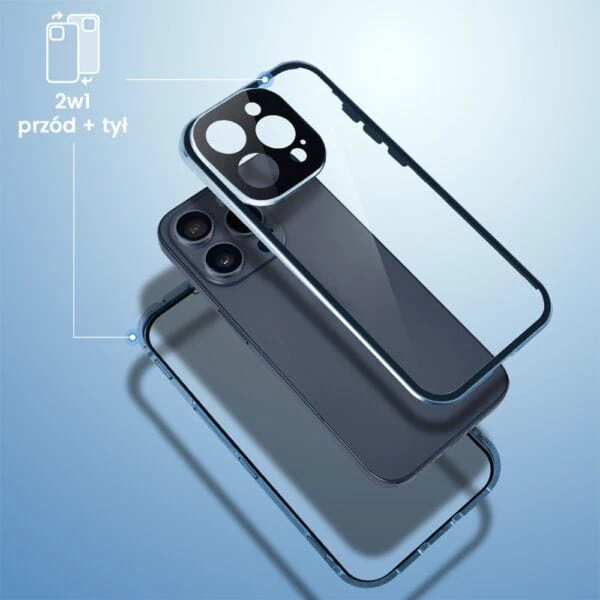 Obudowa do iPhone 15 Pro podwójna szyba i polerowane aluminium 360° magnetyczna, z osłoną aparatu, niebieska (1)