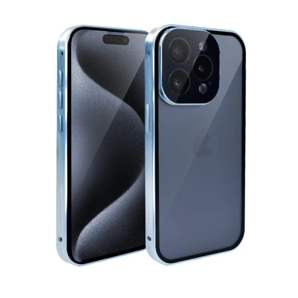 Obudowa do iPhone 15 Pro podwójna szyba i polerowane aluminium 360° magnetyczna, z osłoną aparatu, niebieska (6)