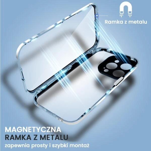 Obudowa do iPhone 15 Pro podwójna szyba i polerowane aluminium 360° magnetyczna, z osłoną aparatu, niebieska (7)