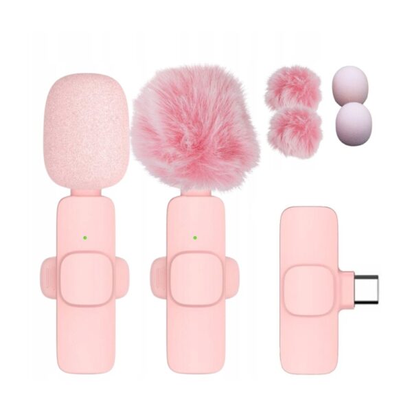 Bezprzewodowy mikrofon krawatowy z wej[ciem USB Typ C dla iPhone, z dBugim ró_owym wBosiem, 2 w zestawie, ró_owy (1)