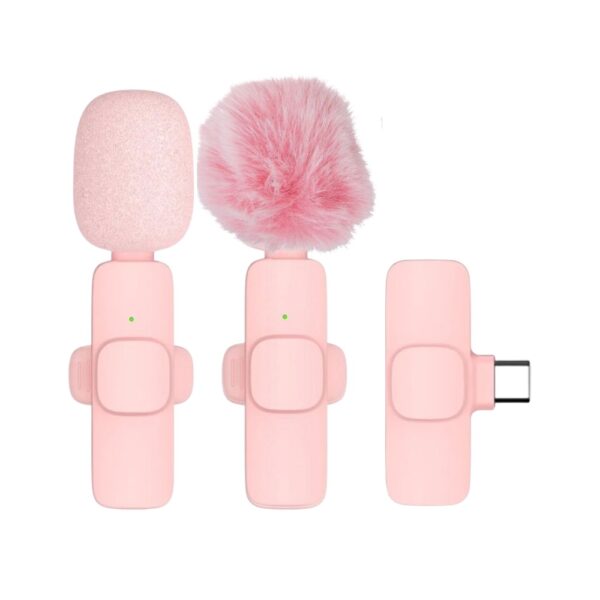Bezprzewodowy mikrofon krawatowy z wej[ciem USB Typ C dla iPhone, z dBugim ró_owym wBosiem, 2 w zestawie, ró_owy (2)