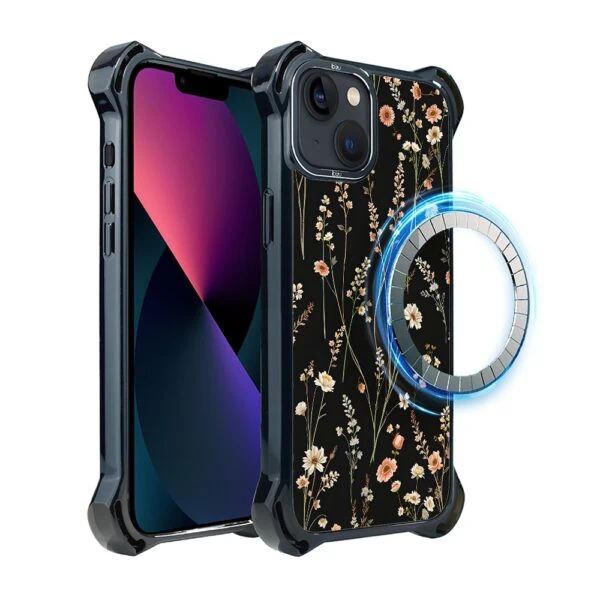 Etui do iPhone 13, Ibizu DropGuard Ultra z MagSafe, kwiaty różnokolorowe na czarnym tle (2)