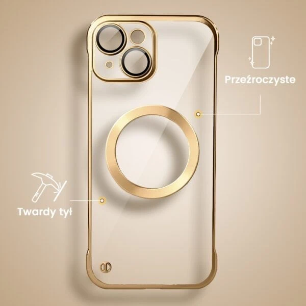 Etui do iPhone 13 MagSafe Luxury Protect Lite przeźroczyste, hybrydowa ochrona kamery, złote (4)