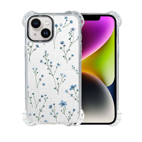 Etui do iPhone 14, Ibizu DropGuard Ultra z MagSafe, drobne niebieskie kwiatki i len (1)
