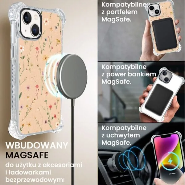 Etui do iPhone 14, Ibizu DropGuard Ultra z MagSafe, kwiaty różnokolorowe na cielistym tle (6)