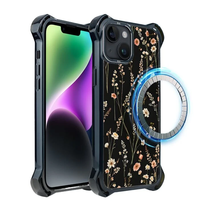 Etui do iPhone 14, Ibizu DropGuard Ultra z MagSafe, kwiaty różnokolorowe na czarnym tle (2)
