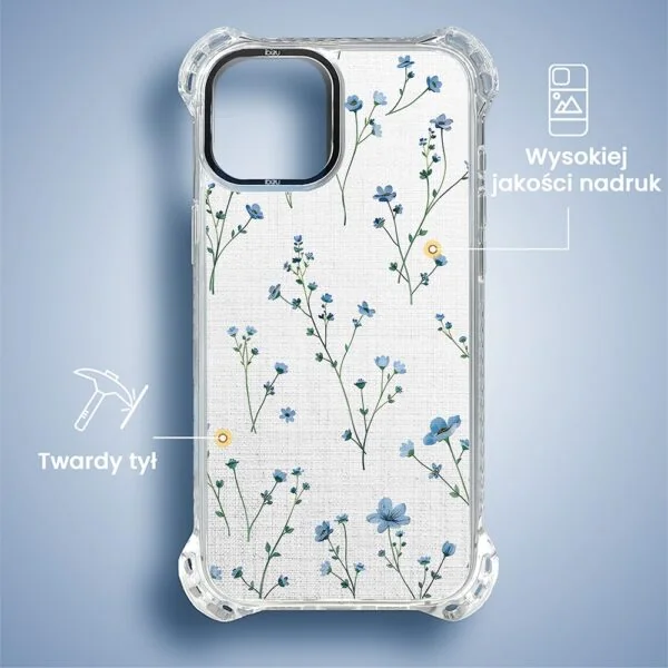 Etui do iPhone 15, Ibizu DropGuard Ultra z MagSafe, drobne niebieskie kwiatki i len (2)