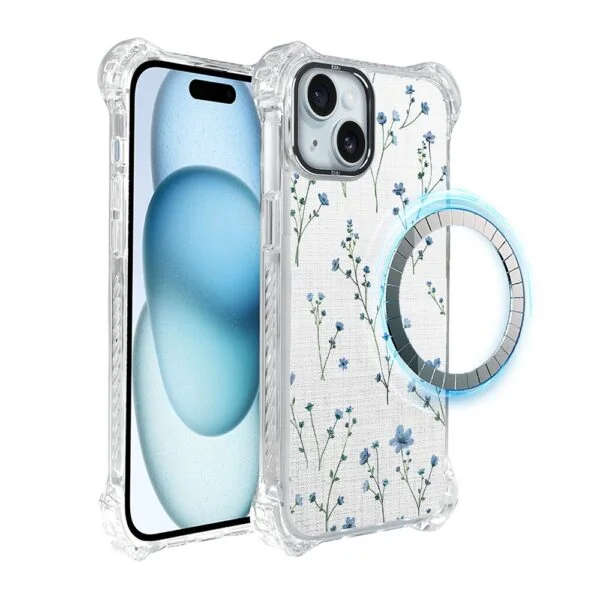 Etui do iPhone 15, Ibizu DropGuard Ultra z MagSafe, drobne niebieskie kwiatki i len (3)