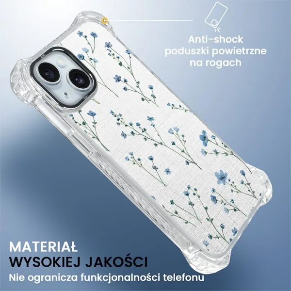 Etui do iPhone 15, Ibizu DropGuard Ultra z MagSafe, drobne niebieskie kwiatki i len (8)