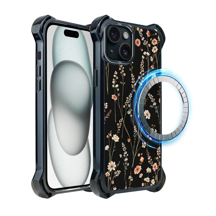 Etui do iPhone 15 Plus, Ibizu DropGuard Ultra z MagSafe, kwiaty różnokolorowe na czarnym tle (2)