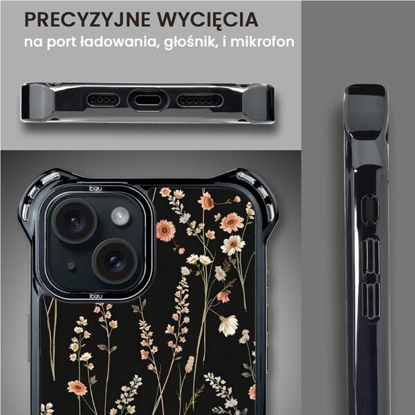 Etui do iPhone 15 Plus, Ibizu DropGuard Ultra z MagSafe, kwiaty różnokolorowe na czarnym tle (6)