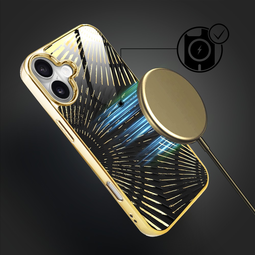 Etui do iPhone 16, Elite Glass z MagSafe, szklany tył, Mistyczne wzory, Boski promień czarne, złote (6)
