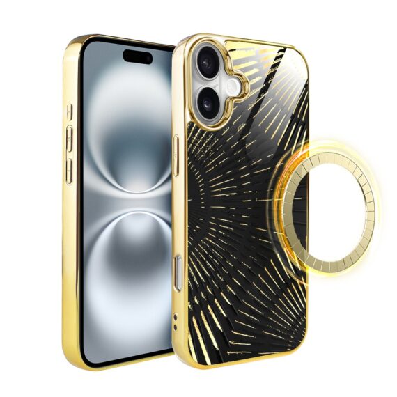 Etui do iPhone 16, Elite Glass z MagSafe, szklany tył, Mistyczne wzory, Boski promień czarne, złote (7)