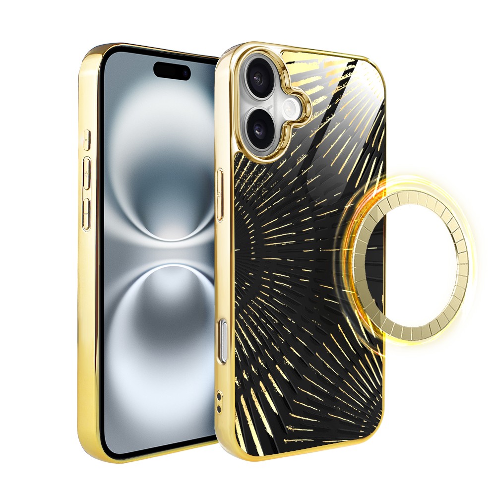 Etui do iPhone 16, Elite Glass z MagSafe, szklany tył, Mistyczne wzory, Boski promień czarne, złote
