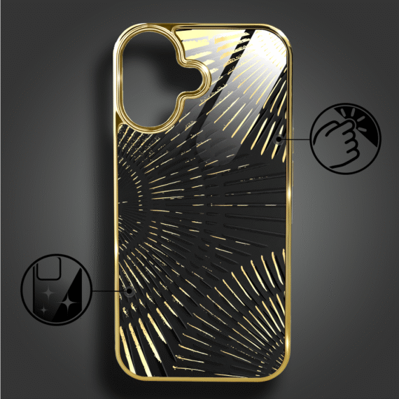 Etui do iPhone 16, Elite Glass z MagSafe, szklany tył, Mistyczne wzory, Boski promień czarne, złote (8)