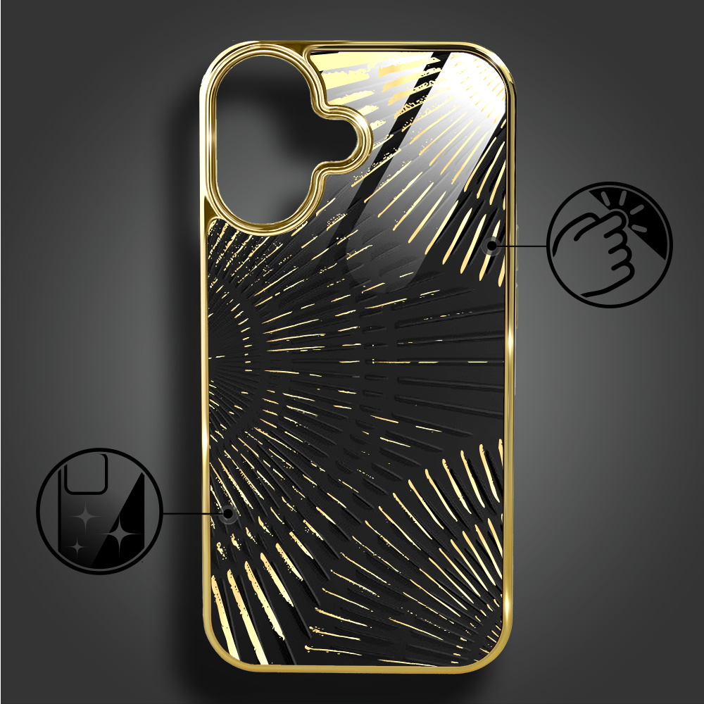 Etui do iPhone 16, Elite Glass z MagSafe, szklany tył, Mistyczne wzory, Boski promień czarne, złote (8)