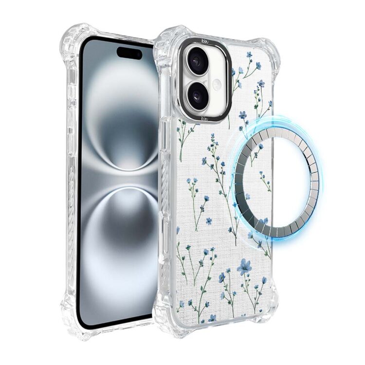 Etui do iPhone 16, Ibizu DropGuard Ultra z MagSafe, drobne niebieskie kwiatki i len (1)
