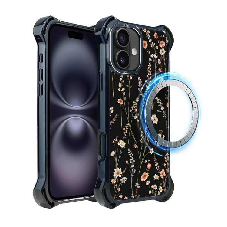 Etui do iPhone 16, Ibizu DropGuard Ultra z MagSafe, kwiaty różnokolorowe na czarnym tle (2)