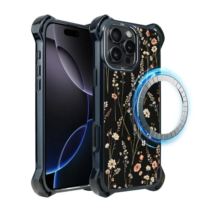 Etui do iPhone 16 Pro Max, Ibizu DropGuard Ultra z MagSafe, kwiaty różnokolorowe na czarnym tle (3)