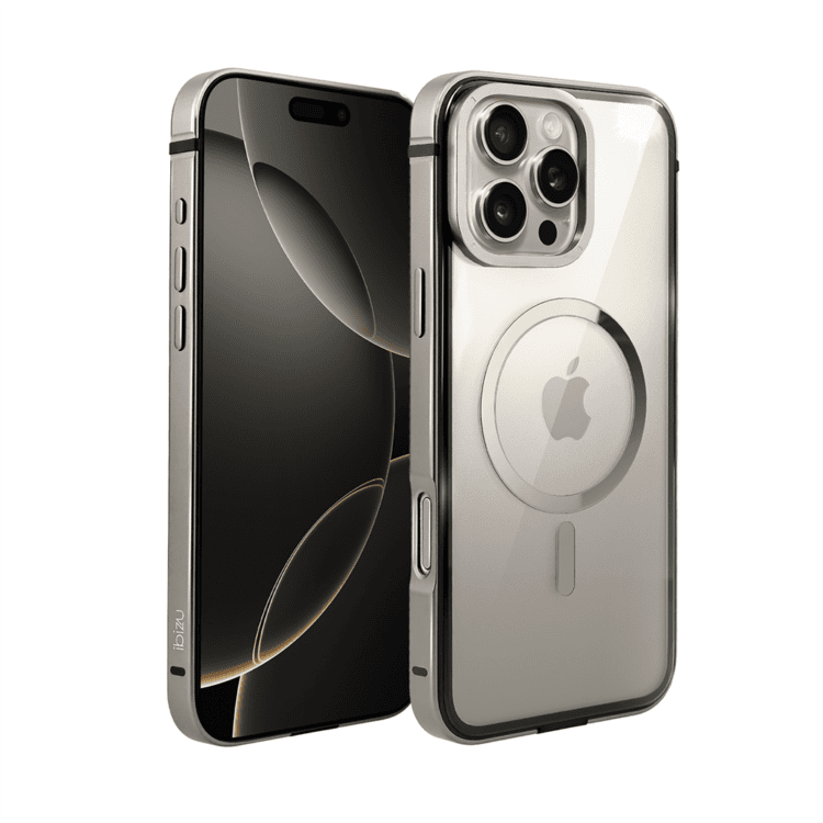 Etui do iPhone 16 Pro Max Ibizu Elite Skin z MagSafe, krystalicznie czyste z metalową ramką, tytanowe (2)
