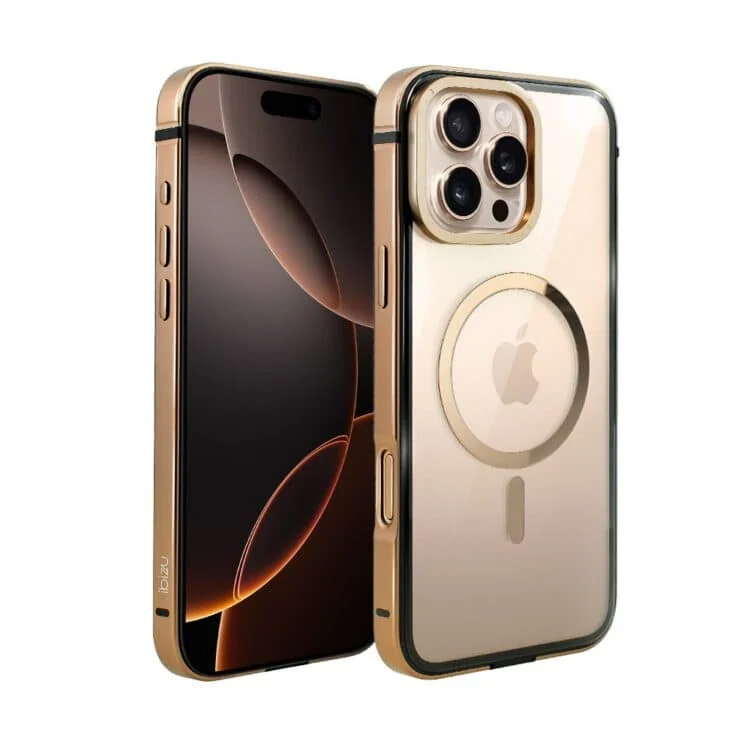 Etui do iPhone 16 Pro Max Ibizu Elite Skin z Magsafe, krystalicznie czyste z metalową ramką, tytan pustynny (2)