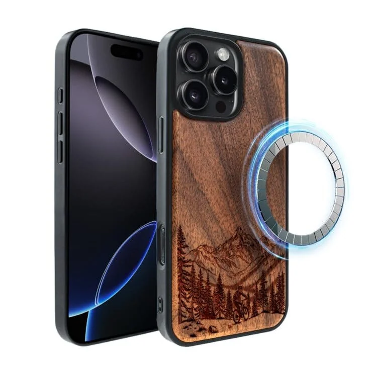 Etui do iPhone 16 Pro, WoodCraft z MagSafe, Górska eskapada MTB (3)