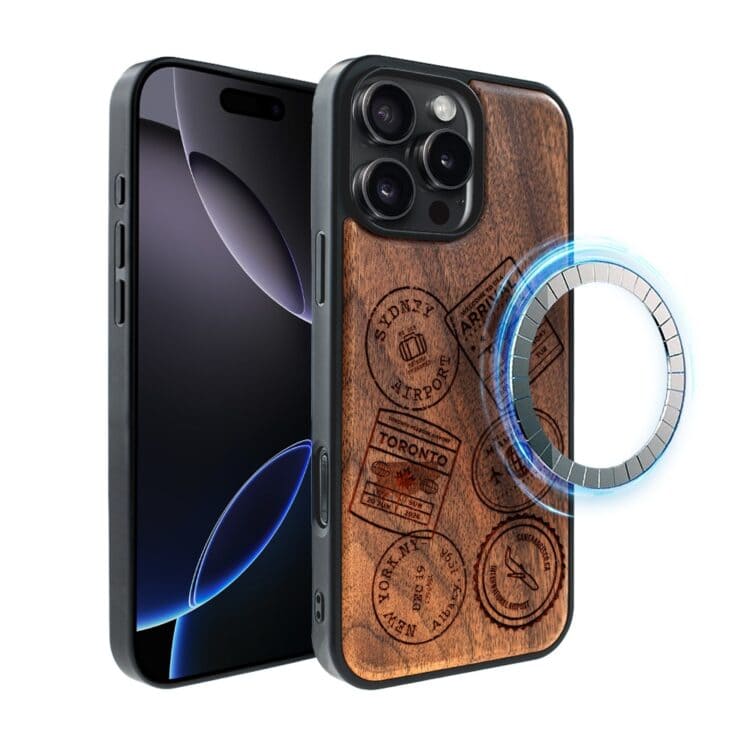 Etui do iPhone 16 Pro, WoodCraft z MagSafe, Pieczątki ze świata (5)